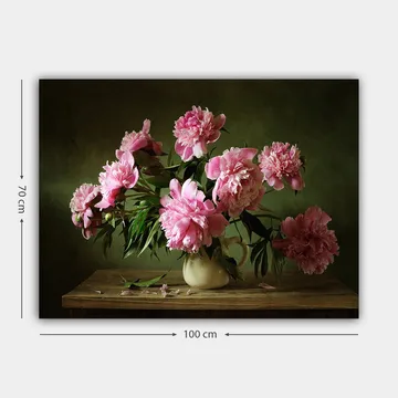 Lerretsbilde 70x100 cm - Vakker bukett med peoner i en potte som står på et bord - Rosa / Grønn - Interiør - Maleri & posters - Lerretsbilder