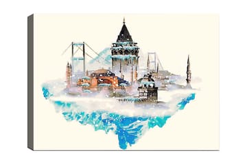 Lerretsbilde 70x100 cm - Vakker bysilhuett med historiske bygninger og broer, omgitt av snø og is - Blå / Oransje / Grå - Interiør - Maleri & posters - Lerretsbilder