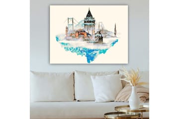 Lerretsbilde 70x100 cm - Vakker bysilhuett med historiske bygninger og broer, omgitt av snø og is - Blå / Oransje / Grå - Interiør - Maleri & posters - Lerretsbilder