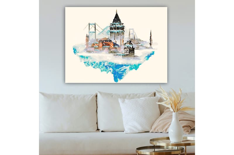 Lerretsbilde 70x100 cm - Vakker bysilhuett med historiske bygninger og broer, omgitt av snø og is - Blå / Oransje / Grå - Interiør - Maleri & posters - Lerretsbilder