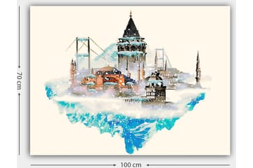 Lerretsbilde 70x100 cm - Vakker bysilhuett med historiske bygninger og broer, omgitt av snø og is - Blå / Oransje / Grå - Interiør - Maleri & posters - Lerretsbilder