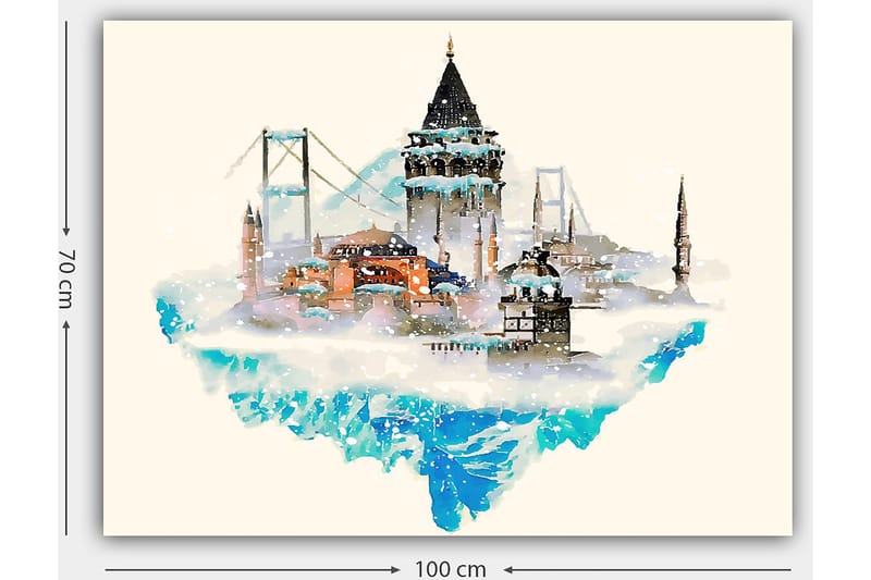 Lerretsbilde 70x100 cm - Vakker bysilhuett med historiske bygninger og broer, omgitt av snø og is - Blå / Oransje / Grå - Interiør - Maleri & posters - Lerretsbilder