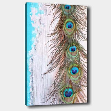 Lerretsbilde 70x100 cm - Vakker fjær fra en påfugl med intense farger og detaljer - Grønn / Blå / Brun - Interiør - Maleri & posters - Lerretsbilder