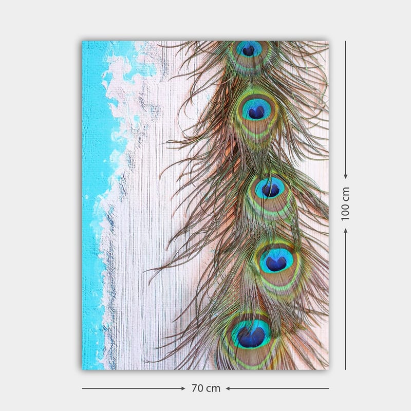 Lerretsbilde 70x100 cm - Vakker fjær fra en påfugl med intense farger og detaljer - Grønn / Blå / Brun - Interiør - Maleri & posters - Lerretsbilder