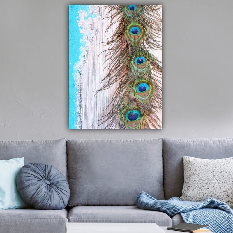 Lerretsbilde 70x100 cm - Vakker fjær fra en påfugl med intense farger og detaljer - Grønn / Blå / Brun - Interiør - Maleri & posters - Lerretsbilder