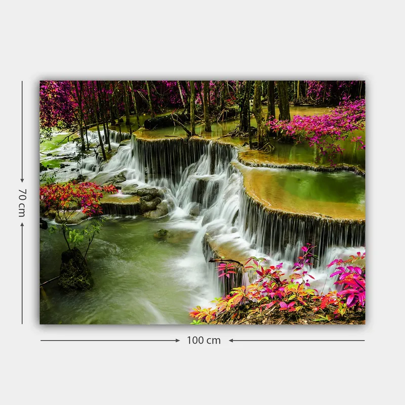 Lerretsbilde 70x100 cm - Vakker foss omgitt av fargerike blomster og frodige trær - Grønn / Rosa / Brun - Interiør - Maleri & posters - Lerretsbilder