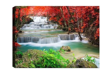 Lerretsbilde 70x100 cm - Vakker foss omgitt av fargerike høstblader - Rød / Grønn / Blå - Interiør - Maleri & posters - Lerretsbilder