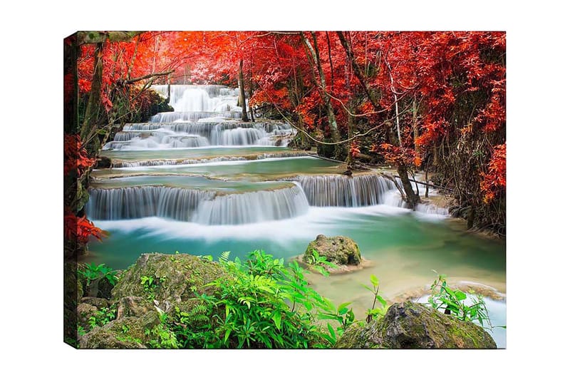 Lerretsbilde 70x100 cm - Vakker foss omgitt av fargerike høstblader, Rød / Grønn / Blå