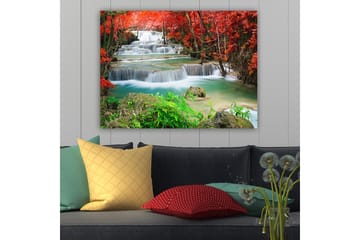 Lerretsbilde 70x100 cm - Vakker foss omgitt av fargerike høstblader - Rød / Grønn / Blå - Interiør - Maleri & posters - Lerretsbilder