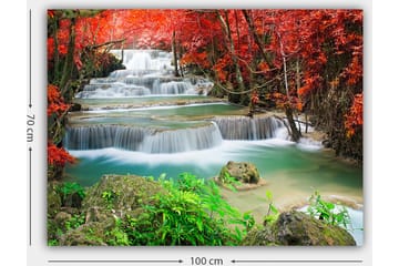 Lerretsbilde 70x100 cm - Vakker foss omgitt av fargerike høstblader - Rød / Grønn / Blå - Interiør - Maleri & posters - Lerretsbilder