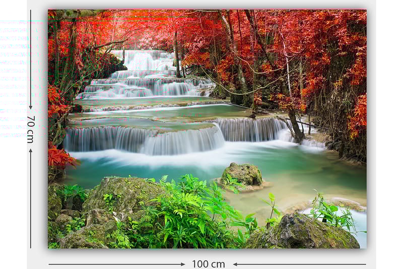 Lerretsbilde 70x100 cm - Vakker foss omgitt av fargerike høstblader - Rød / Grønn / Blå - Interiør - Maleri & posters - Lerretsbilder