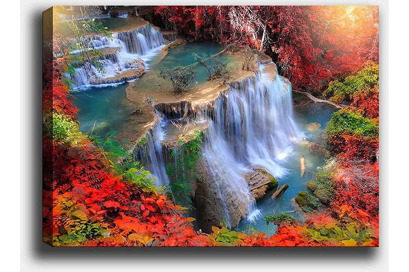 Lerretsbilde 70x100 cm - Vakker foss omgitt av fargerike høstblader - Rød / Grønn / Blå - Interiør - Maleri & posters - Lerretsbilder