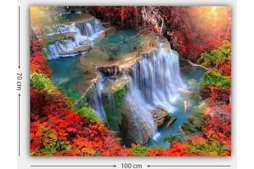 Lerretsbilde 70x100 cm - Vakker foss omgitt av fargerike høstblader - Rød / Grønn / Blå - Interiør - Maleri & posters - Lerretsbilder