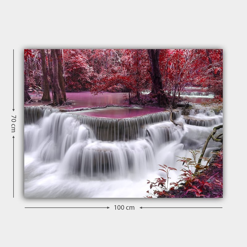 Lerretsbilde 70x100 cm - Vakker foss omgitt av fargerike trær og vegetasjon - Rød / Lilla / Hvit - Interiør - Maleri & posters - Lerretsbilder