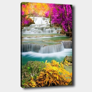 Lerretsbilde 70x100 cm - Vakker foss omgitt av fargerike trær og planter - Lilla / Grønn / Oransje - Interiør - Maleri & posters - Lerretsbilder