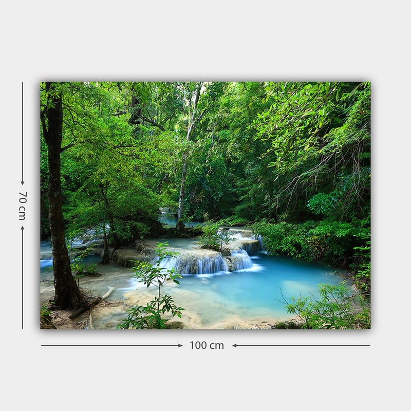 Lerretsbilde 70x100 cm - Vakker foss omgitt av frodig grøntområde - Grønn / Blå / Beige - Interiør - Maleri & posters - Lerretsbilder