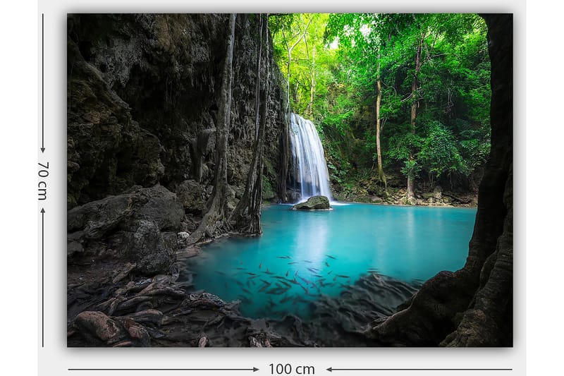 Lerretsbilde 70x100 cm - Vakker foss omgitt av frodig grøntområde og klart turkis vann - Turkis / Grønn / Grå - Interiør - Maleri & posters - Lerretsbilder