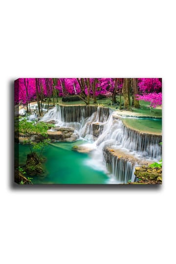 Lerretsbilde 70x100 cm - Vakker foss omgitt av frodig grøntområde og rosa blomster - Turkis / Rosa / Grønn - Interiør - Maleri & posters - Lerretsbilder