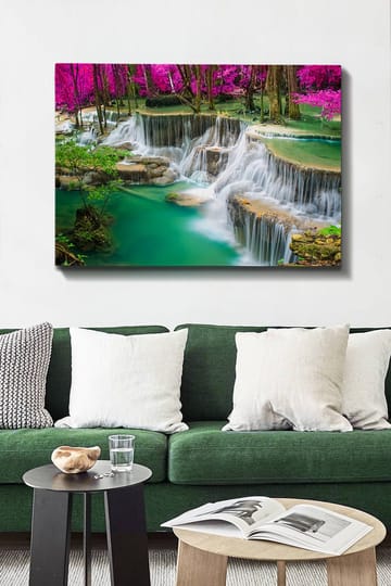 Lerretsbilde 70x100 cm - Vakker foss omgitt av frodig grøntområde og rosa blomster - Turkis / Rosa / Grønn - Interiør - Maleri & posters - Lerretsbilder