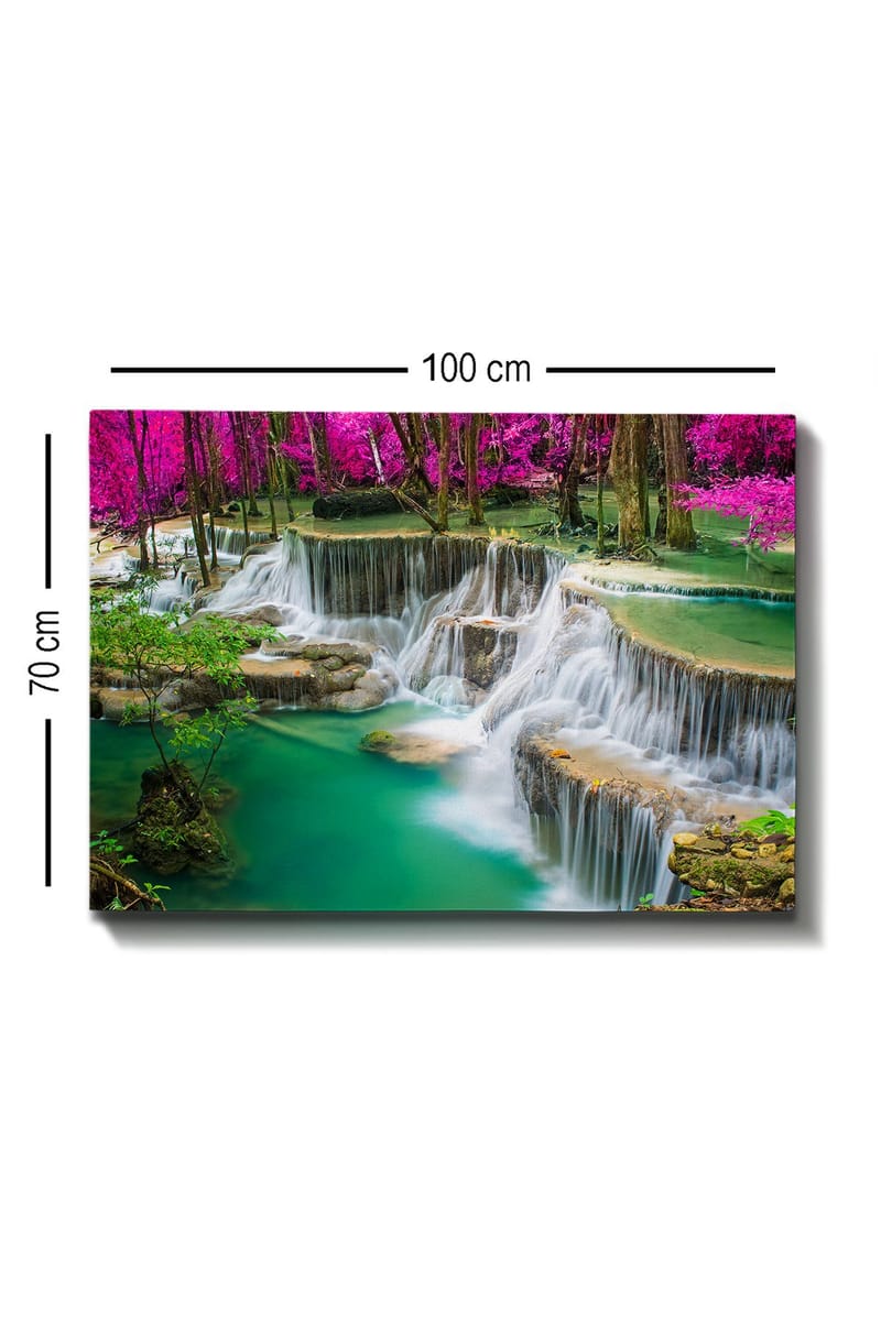 Lerretsbilde 70x100 cm - Vakker foss omgitt av frodig grøntområde og rosa blomster - Turkis / Rosa / Grønn - Interiør - Maleri & posters - Lerretsbilder