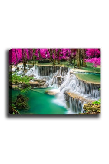 Lerretsbilde 70x100 cm - Vakker foss omgitt av frodig grøntområde og rosa blomster - Turkis / Rosa / Grønn - Interiør - Maleri & posters - Lerretsbilder