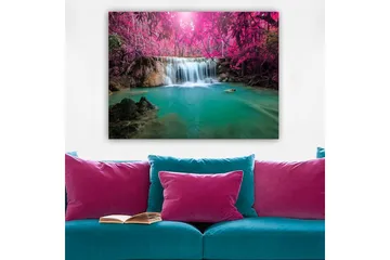 Lerretsbilde 70x100 cm - Vakker foss omgitt av lilla trær og frodig vegetasjon - Lilla / Turkis - Interiør - Maleri & posters - Lerretsbilder