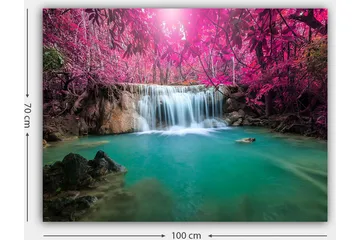 Lerretsbilde 70x100 cm - Vakker foss omgitt av lilla trær og frodig vegetasjon - Lilla / Turkis - Interiør - Maleri & posters - Lerretsbilder