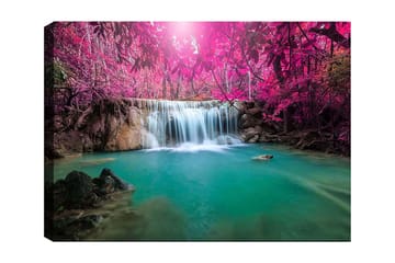 Lerretsbilde 70x100 cm - Vakker foss omgitt av lilla trær og frodig vegetasjon - Lilla / Turkis - Interiør - Maleri & posters - Lerretsbilder