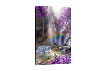 Lerretsbilde 70x100 cm - Vakker fossescene omgitt av lilla blomster og en regnbue - Lilla / Blå / Grønn - Interiør - Maleri & posters - Lerretsbilder