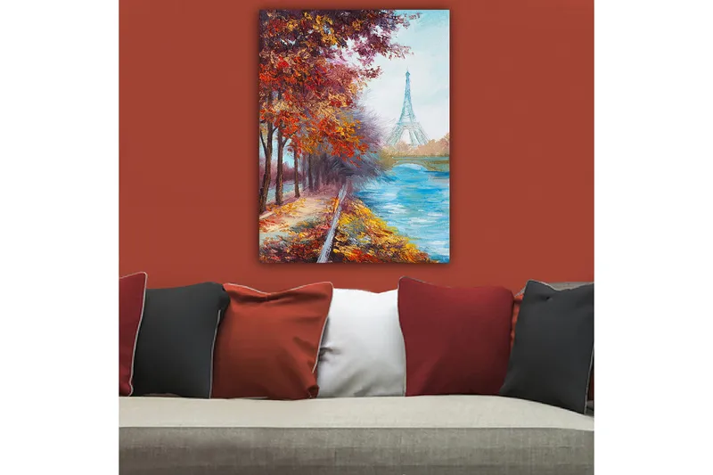 Lerretsbilde 70x100 cm - Vakker høstscene med Eiffeltårnet i bakgrunnen, omgitt av fargerike trær og en glitrende elv - Rød / Blå / Oransje - Interiør - Maleri & posters - Lerretsbilder