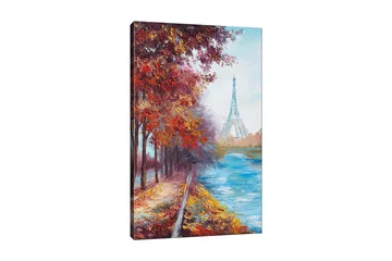 Lerretsbilde 70x100 cm - Vakker høstscene med Eiffeltårnet i bakgrunnen, omgitt av fargerike trær og en glitrende elv - Rød / Blå / Oransje - Interiør - Maleri & posters - Lerretsbilder