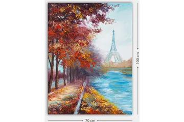 Lerretsbilde 70x100 cm - Vakker høstscene med Eiffeltårnet i bakgrunnen, omgitt av fargerike trær og en glitrende elv - Rød / Blå / Oransje - Interiør - Maleri & posters - Lerretsbilder