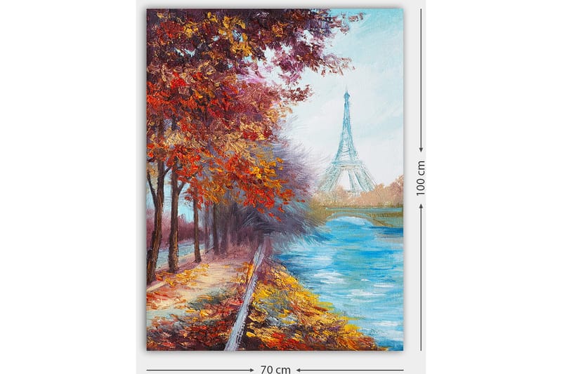 Lerretsbilde 70x100 cm - Vakker høstscene med Eiffeltårnet i bakgrunnen, omgitt av fargerike trær og en glitrende elv - Rød / Blå / Oransje - Interiør - Maleri & posters - Lerretsbilder