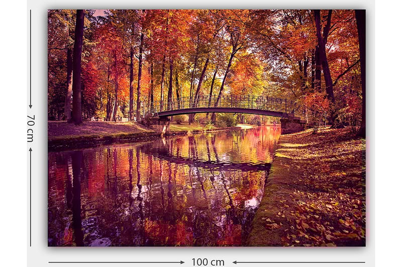 Lerretsbilde 70x100 cm - Vakker høstscene med en bro som spenner over en speilblank vannoverflate omgitt av fargerike trær - Oransje / Rød / Gul - Interiør - Maleri & posters - Lerretsbilder