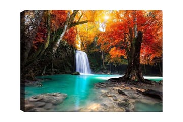 Lerretsbilde 70x100 cm - Vakker høstscene med en foss omgitt av fargerike trær i oransje og røde nyanser - Turkis / Oransje / Rød - Interiør - Maleri & posters - Lerretsbilder