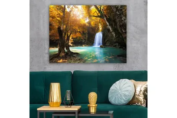 Lerretsbilde 70x100 cm - Vakker høstscene med en foss omgitt av fargerike trær og klart vann - Gyllen oransje / Turkis / Brun - Interiør - Maleri & posters - Lerretsbilder