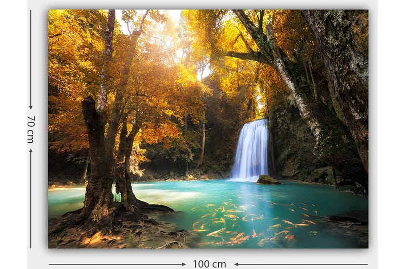 Lerretsbilde 70x100 cm - Vakker høstscene med en foss omgitt av fargerike trær og klart vann - Gyllen oransje / Turkis / Brun - Interiør - Maleri & posters - Lerretsbilder