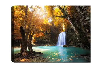 Lerretsbilde 70x100 cm - Vakker høstscene med en foss omgitt av fargerike trær og klart vann - Gyllen oransje / Turkis / Brun - Interiør - Maleri & posters - Lerretsbilder