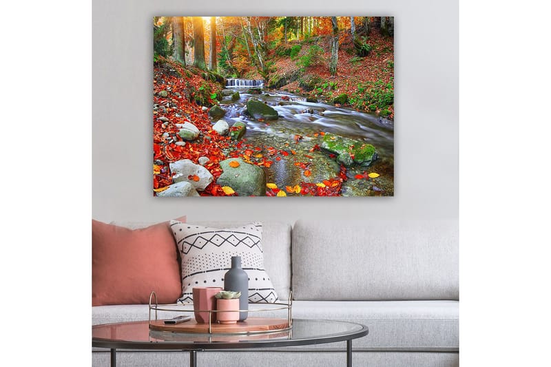 Lerretsbilde 70x100 cm - Vakker høstscene med en rislende bekk omgitt av fargerike høstblader - Rød / Grønn / Brun - Interiør - Maleri & posters - Lerretsbilder