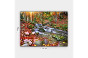Lerretsbilde 70x100 cm - Vakker høstscene med en rislende bekk omgitt av fargerike høstblader - Rød / Grønn / Brun - Interiør - Maleri & posters - Lerretsbilder