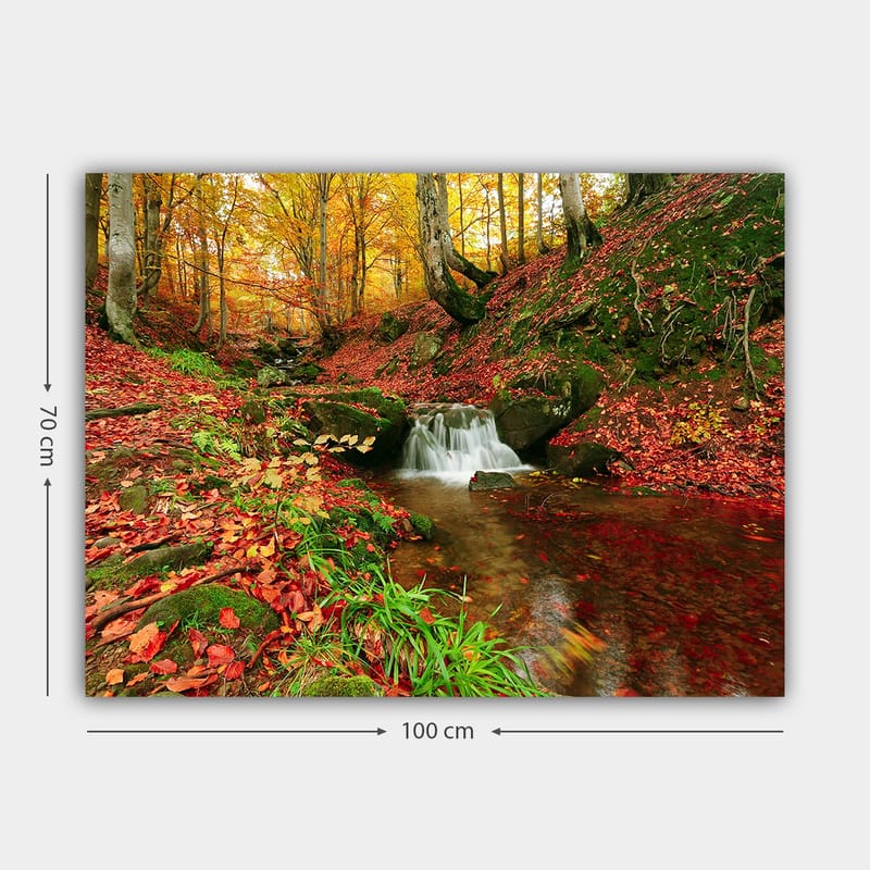 Lerretsbilde 70x100 cm - Vakker høstscene med en rislende bekk omgitt av fargerike løvtrær - Oransje / Rød / Grønn - Interiør - Maleri & posters - Lerretsbilder