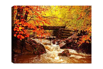 Lerretsbilde 70x100 cm - Vakker høstscene med en rislende bekk omgitt av fargerike trær og blader i varme nyanser - Oransje / Gul / Brun - Interiør - Maleri & posters - Lerretsbilder