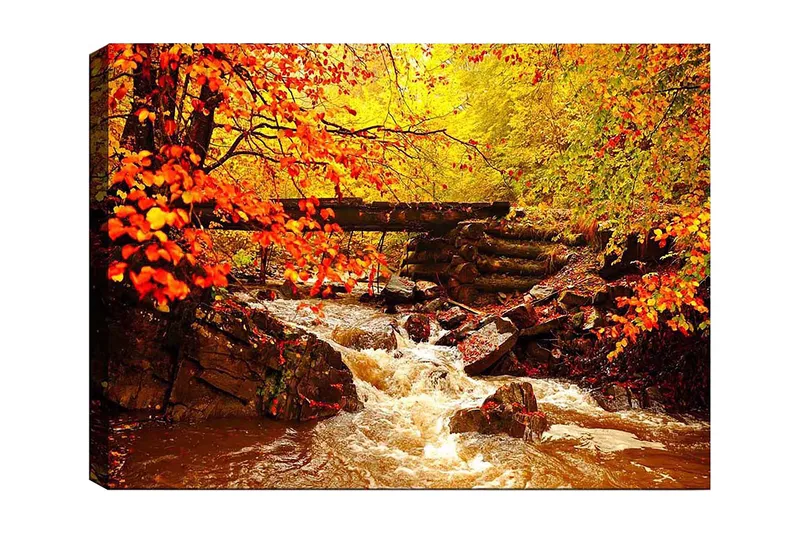Lerretsbilde 70x100 cm - Vakker høstscene med en rislende bekk omgitt av fargerike trær og blader i varme nyanser, Oransje / Gul / Brun