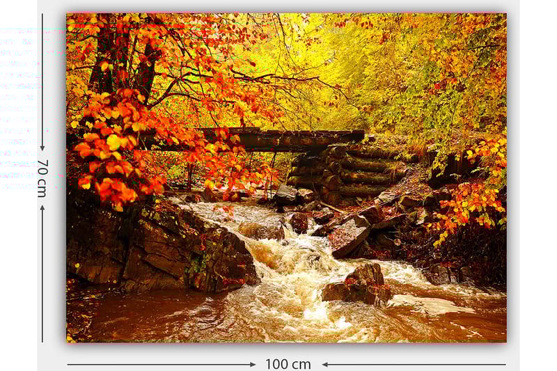 Lerretsbilde 70x100 cm - Vakker høstscene med en rislende bekk omgitt av fargerike trær og blader i varme nyanser - Oransje / Gul / Brun - Interiør - Maleri & posters - Lerretsbilder