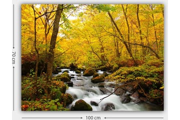 Lerretsbilde 70x100 cm - Vakker høstscene med en rislende bekk omgitt av gylne og røde trær - Gyllengul / Mørkegrønn / Rød - Interiør - Maleri & posters - Lerretsbilder