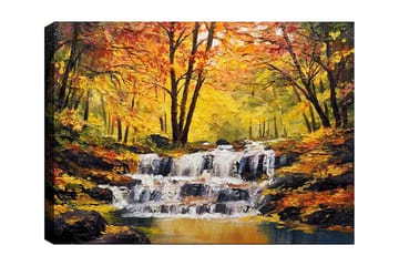 Lerretsbilde 70x100 cm - Vakker høstscene med en rislende foss omgitt av fargerike trær i gult og oransje - Gul / Oransje / Brun - Interiør - Maleri & posters - Lerretsbilder