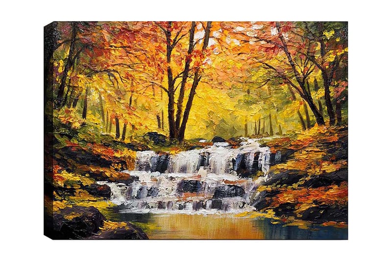 Lerretsbilde 70x100 cm - Vakker høstscene med en rislende foss omgitt av fargerike trær i gult og oransje, Gul / Oransje / Brun
