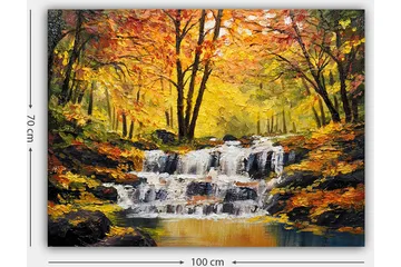 Lerretsbilde 70x100 cm - Vakker høstscene med en rislende foss omgitt av fargerike trær i gult og oransje - Gul / Oransje / Brun - Interiør - Maleri & posters - Lerretsbilder