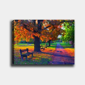 Lerretsbilde 70x100 cm - Vakker høstscene med fargerike trær og benker i en park - Oransje / Grønn / Brun - Interiør - Maleri & posters - Lerretsbilder