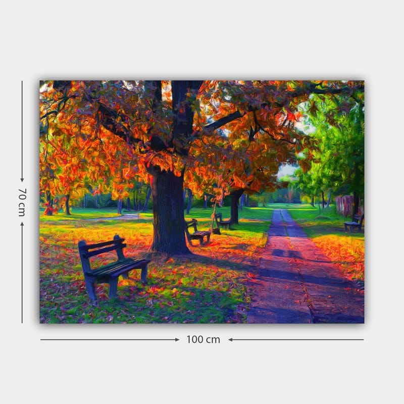 Lerretsbilde 70x100 cm - Vakker høstscene med fargerike trær og benker i en park - Oransje / Grønn / Brun - Interiør - Maleri & posters - Lerretsbilder